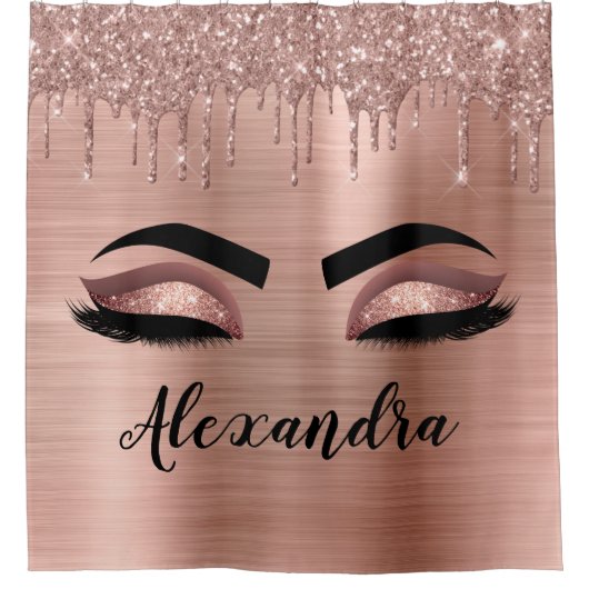 Rose Gold Glitter Sparkle Eyelashes Monogram Name Duschvorhang (Vorderseite)