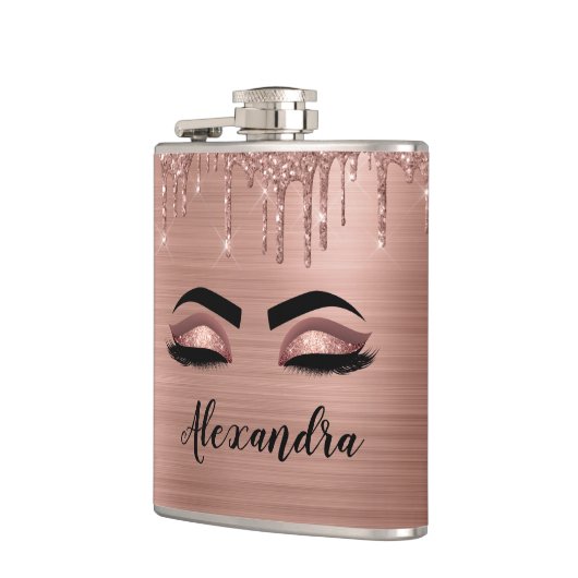 Rose Gold Glitter Sparkle Eyelashes Monogram Name Flachmann (Links)