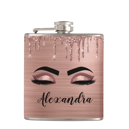 Rose Gold Glitter Sparkle Eyelashes Monogram Name Flachmann (Vorderseite)