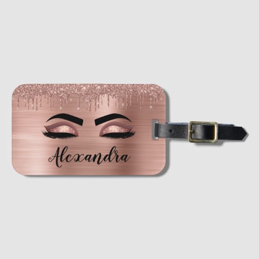 Rose Gold Glitter Sparkle Eyelashes Monogram Name Gepäckanhänger (Vorderseite (Horizontal))