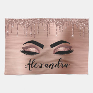 Rose Gold Glitter Sparkle Eyelashes Monogram Name Geschirrtuch