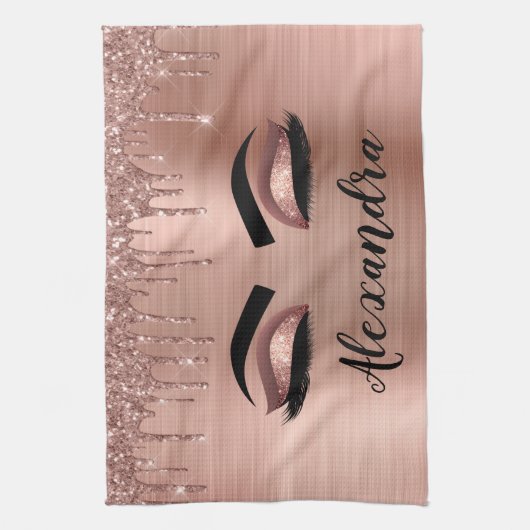 Rose Gold Glitter Sparkle Eyelashes Monogram Name Geschirrtuch (Vertikal)