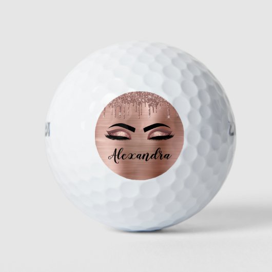 Rose Gold Glitter Sparkle Eyelashes Monogram Name Golfball (Vorderseite)