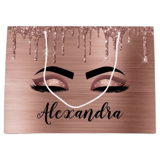 Rose Gold Glitter Sparkle Eyelashes Monogram Name Große Geschenktüte (Vorderseite)