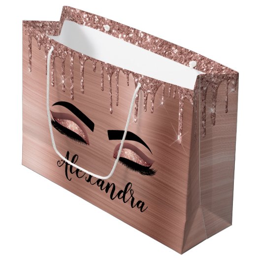 Rose Gold Glitter Sparkle Eyelashes Monogram Name Große Geschenktüte (Vorderseite Schrägansicht)