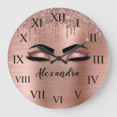 Rose Gold Glitter Sparkle Eyelashes Monogram Name Große Wanduhr (Vorderseite)