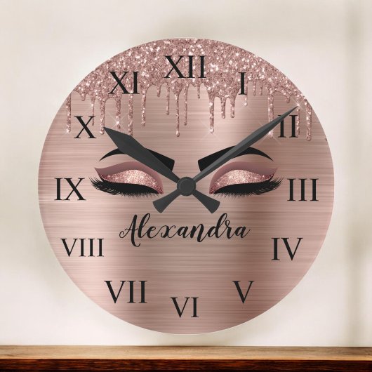 Rose Gold Glitter Sparkle Eyelashes Monogram Name Große Wanduhr