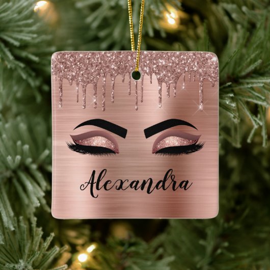 Rose Gold Glitter Sparkle Eyelashes Monogram Name Keramikornament (Baum)