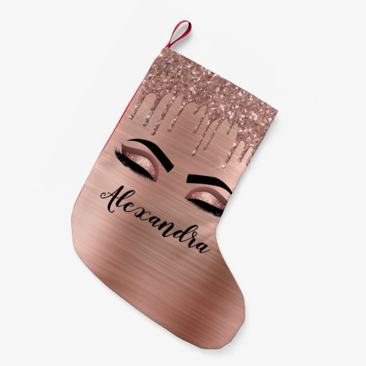 Rose Gold Glitter Sparkle Eyelashes Monogram Name Kleiner Weihnachtsstrumpf (Vorderansicht (hängend))