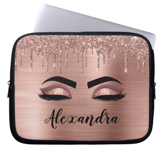 Rose Gold Glitter Sparkle Eyelashes Monogram Name Laptopschutzhülle (Vorderseite)