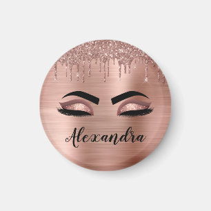 Rose Gold Glitter Sparkle Eyelashes Monogram Name Magnet