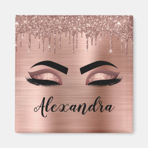 Rose Gold Glitter Sparkle Eyelashes Monogram Name Magnet