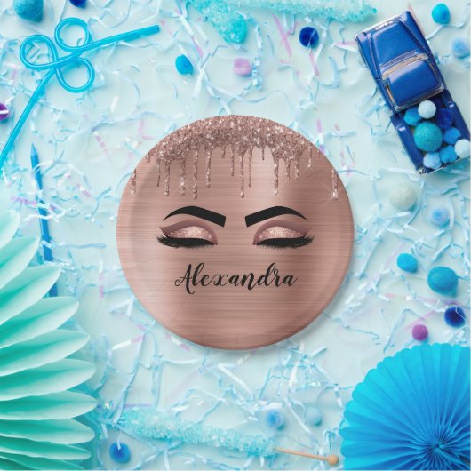 Rose Gold Glitter Sparkle Eyelashes Monogram Name Pappteller (Party)