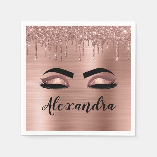 Rose Gold Glitter Sparkle Eyelashes Monogram Name Serviette (Vorderseite)