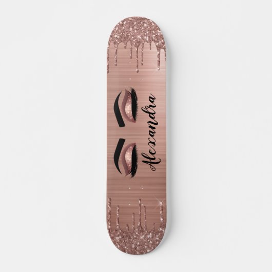 Rose Gold Glitter Sparkle Eyelashes Monogram Name Skateboard (Vorne)