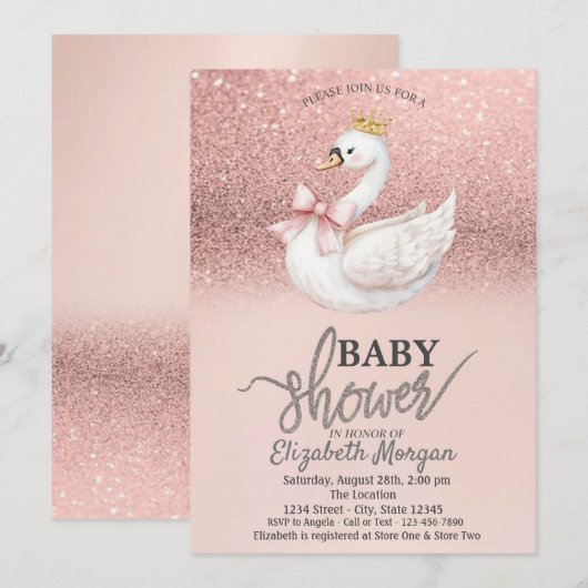 Rose Gold Glitter,Swan Bow Crown Baby Shower  Einladung (Vorne/Hinten)