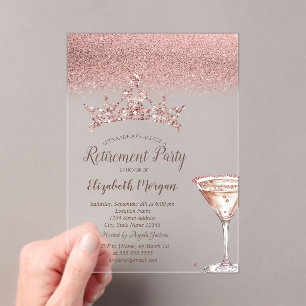 Rose Gold Glitter-Tiara-Martini-Glas Ruhestand Acryleinladungen