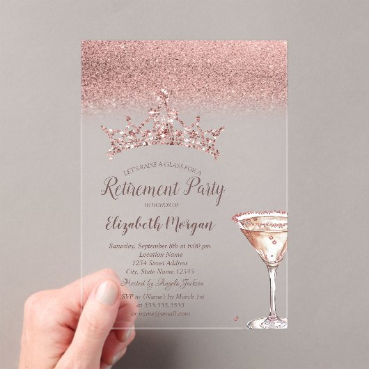 Rose Gold Glitter Tiara Martini Glass Retirement  Acryleinladungen (Insitu (Handheld))