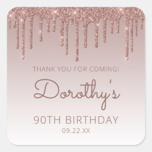 Rose Gold Glitter-Tropf 90. Geburtstag Danke Quadratischer Aufkleber