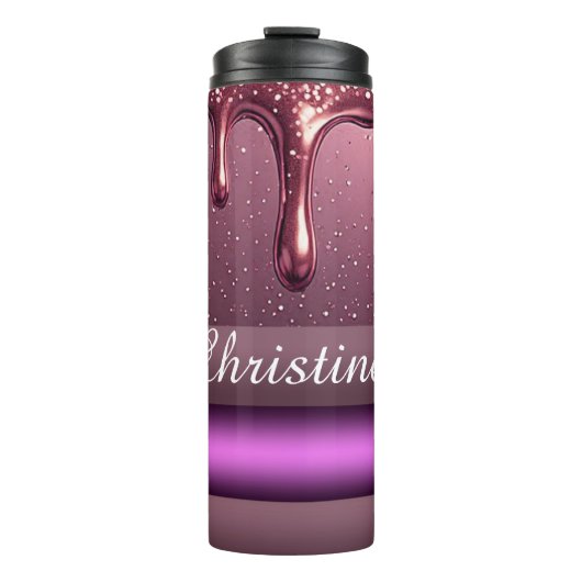 Rose Gold Glitter-Tropf Custom-Name Thermosbecher (Vorderseite)