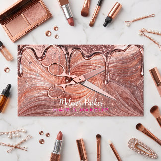 Rose Gold Glitter Tropf Schere Haar & Make-up Visitenkarte