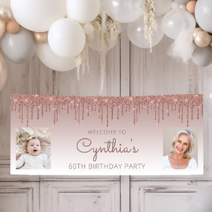 Rose Gold Glitter-Tropf Zwei-Foto 60. Geburtstag Banner