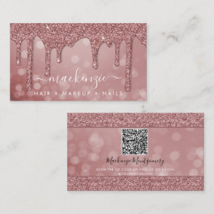 Rose Gold Glitter Tropfen Bokeh QR Code Visitenkarte