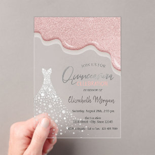 Rose Gold Glitter-Tropfen Diamant Kleid Quinceañer Acryleinladungen