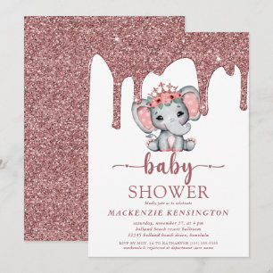 Rose Gold Glitter Tropfen Elefant Mädchen Baby Sho Einladung