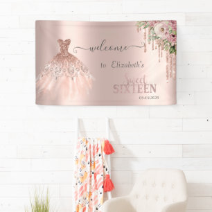 Rose Gold Glitter Tropfen, Kleid Blumen Sweet 16   Banner
