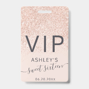 Rose-Gold-Glitter-Typografie Blush Sweet 16 VIP Ausweis