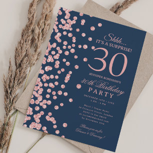 Rose Gold Glitter Überraschung 30. Geburtstag Navy Einladung