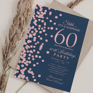 Rose Gold Glitter Überraschung 60. Geburtstag Navy Einladung