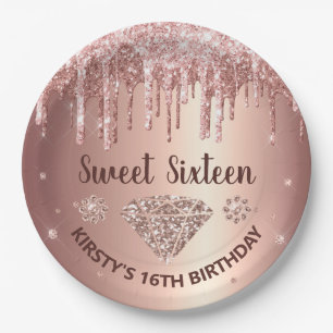 Rose Gold Glitter und Diamant Sweet 16 Pappteller