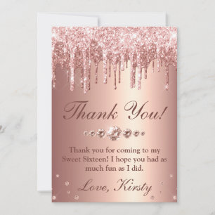 Rose Gold Glitter und Diamanten Sweet 16 Dankeskarte