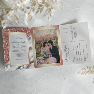 Rose Gold Glitter Weiße Marmor Hochzeit All in One Dreifach Gefaltete Einladung