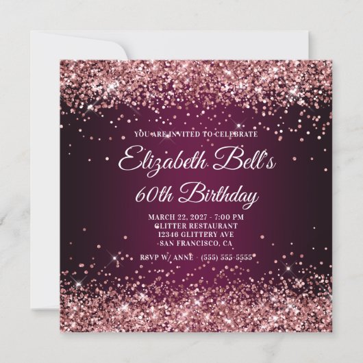 Rose Gold Glitter Wine Dark Ombre 60th Birthday Einladung (Vorderseite)
