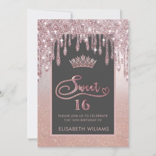Rose gold glitterige Tropfen ombre tiara Einladung (Vorderseite)