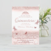 Rose gold glittery tiara kalligraphie Quinceañera Einladung (Stehend Vorderseite)