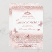Rose gold glittery tiara kalligraphie Quinceañera Einladung (Vorne/Hinten)