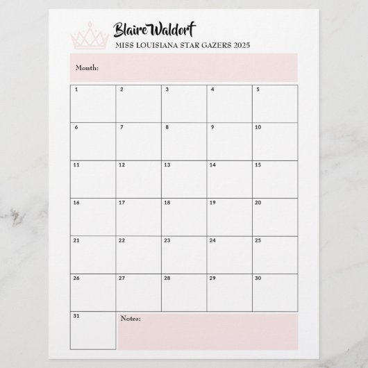 Rose Gold Glitz | Pageant Binder Calendar Page (Rückseite)