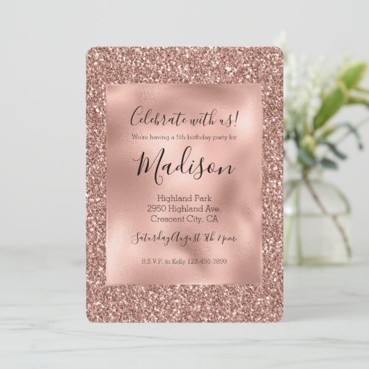Rose Gold Glitz Stylish Glam Glitzer Einladung (Stehend Vorderseite)