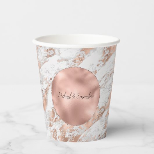 Rose Gold Glitz White Marble Wedding Pappbecher (Vorderseite)