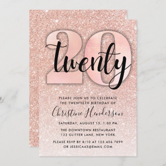 Rose Gold Glitzer 20. Geburtstag Einladung (Vorne/Hinten)