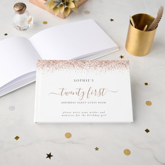 Rose Gold Glitzer 21. Geburtstagsparty Gästebuch (Vorderseite Offen)