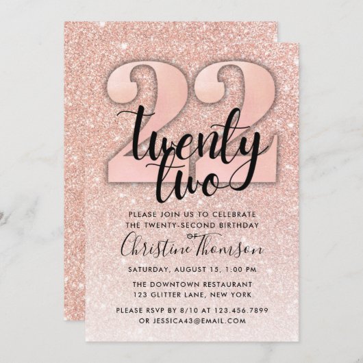 Rose Gold Glitzer 22. Geburtstag Einladung (Vorne/Hinten)