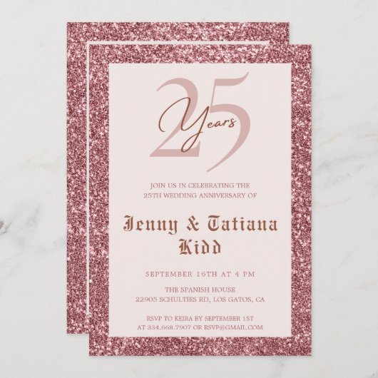 Rose Gold Glitzer 25. Hochzeitstag Einladung (Vorne/Hinten)