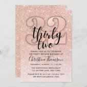 Rose Gold Glitzer 32. Geburtstag Einladung (Vorne/Hinten)