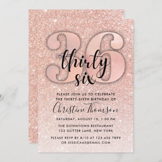 Rose Gold Glitzer 36. Geburtstag Einladung (Vorne/Hinten)