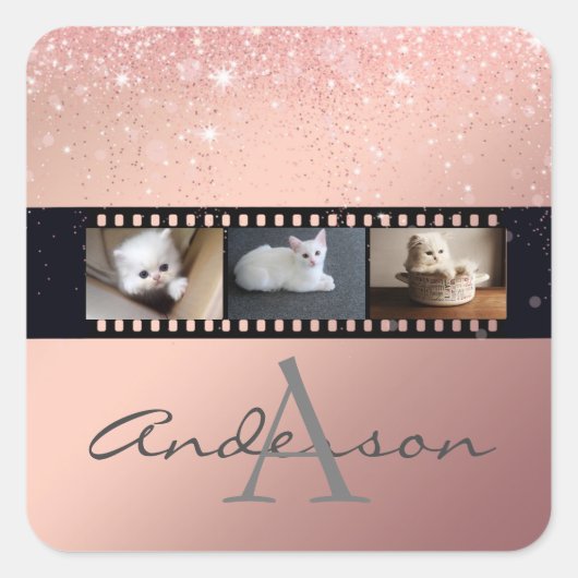 Rose Gold Glitzer 3 Foto Filmstreifen Collage Quadratischer Aufkleber (Vorderseite)